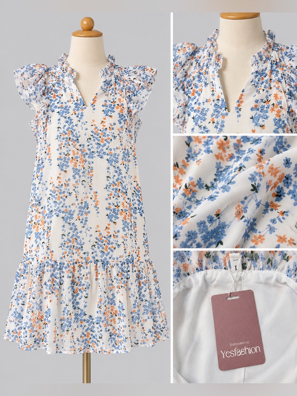 White Floral Ruffle-Sleeve Sundress